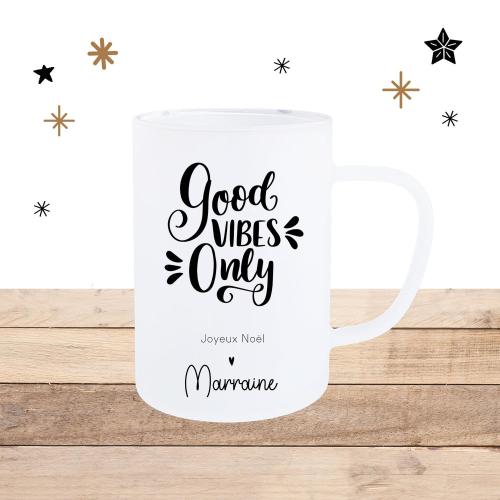 MUG VERRE GIVRE NOEL - MESSAGE POSSITIF - PERSONNALISABLE - GOOD VIBES ONLY
